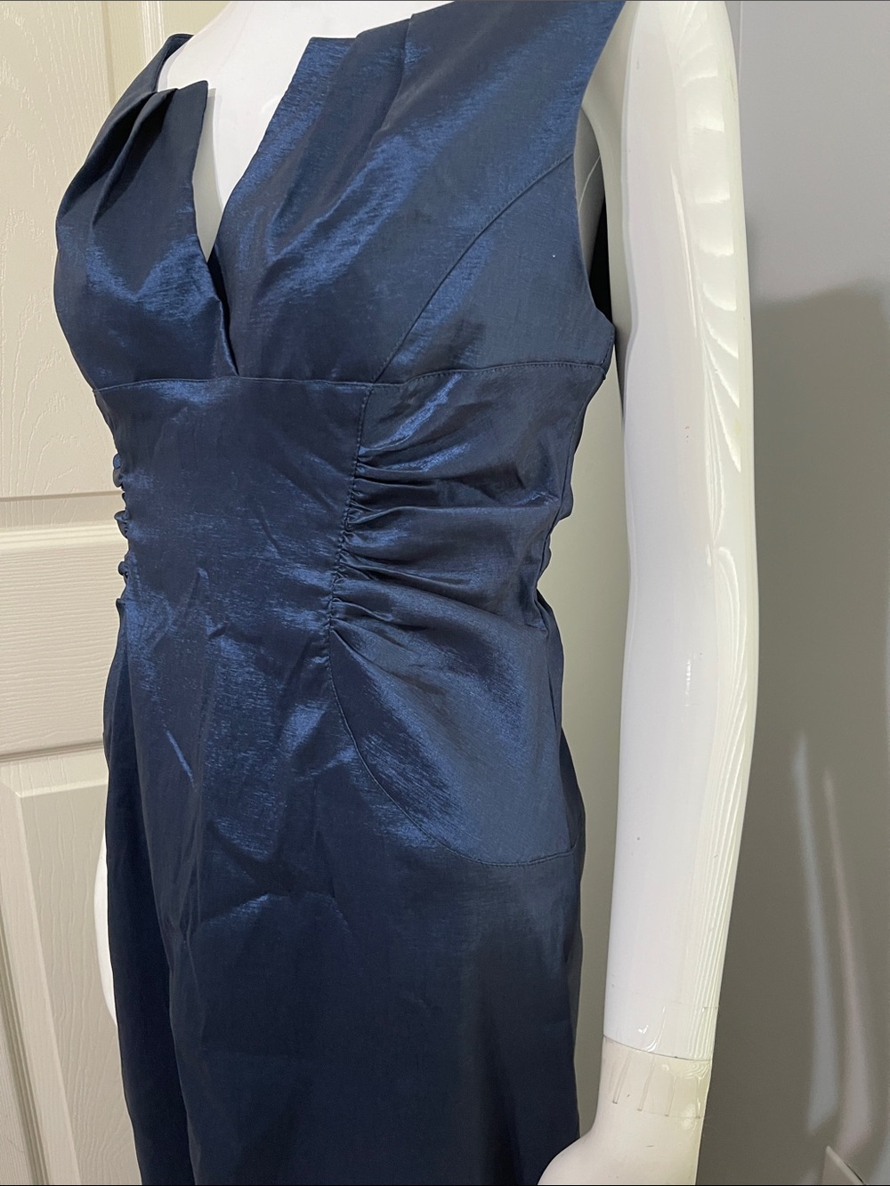 Adrianna Papell Blue Shimmer Sheath Cocktail Dress Ruched Split Neck. #0349 - Picture 2 of 15
